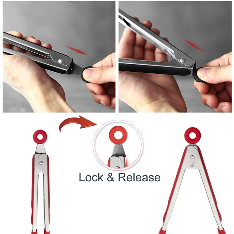STARUBY Cooking Tongs 9 inches and 12 inches Stainless Steel Kitchen Silicone Serving Tong Heat Resistant Meat Turner Spatula Tong Fish Tongs with Locking Handle Joint (Red) - Image 4